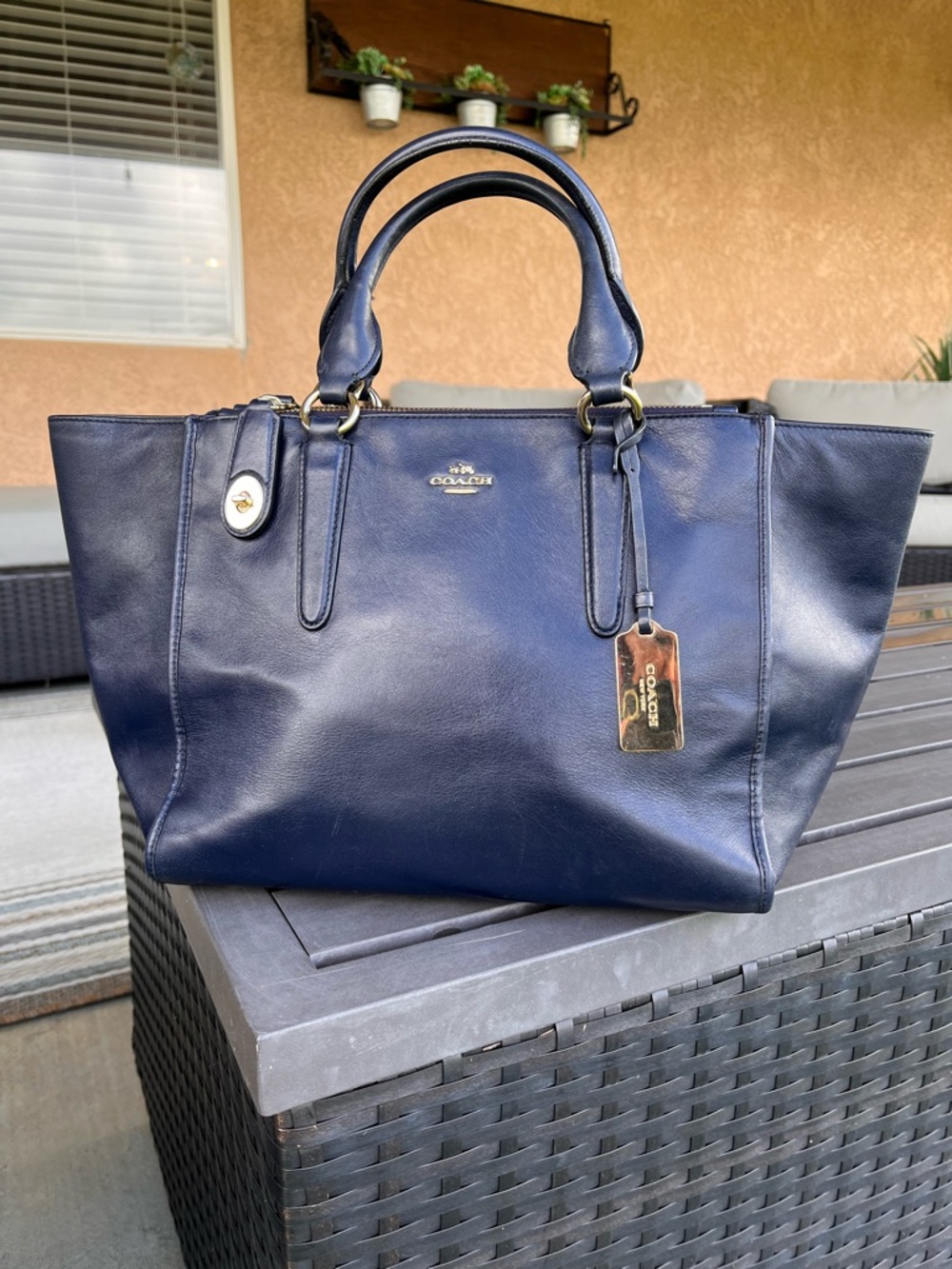 Authentic COACH Navy Crosby Carryall Leather Tote with Gold Hardware